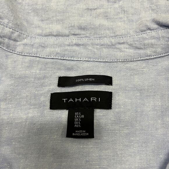 Tahari Shirt Dress 100% Linen Button Down Large L Light Blue Womens Tie Waist - Picture 4 of 5